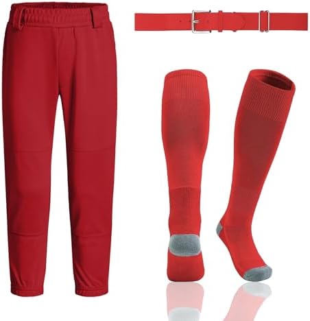Baseball Pants+Baseball 1 Socks& 1Belt - Red Pants, Red Socks