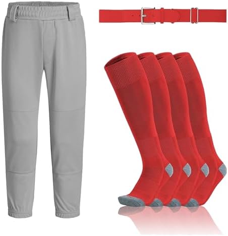 Baseball Pants+Baseball 2 Socks& 1Belt - Grey Pants, Red Socks