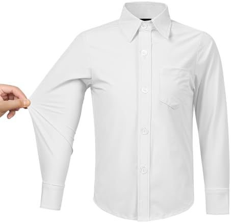 Boys' Stretch Long Sleeve Button Down Toddler Dress Shirt Wrinkle Free Oxford Uniform Shirt with Chest Pocket White 5T