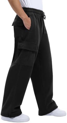 Fleece Cargo Sweatpants For Men With Pockets Heavyweight - Black