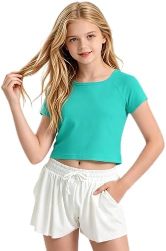 Girls Crop Top T Shirts Short Tee Sleeve Square Neck - Green