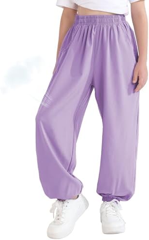 Girls Summer Lightweight Baggy Joggers with Pockets,Wide - Light Purple