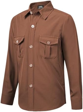 Boys Wrinkle-Resistant Long Sleeve Button Down Shirt with Two Pockets Soft Solid Outdoors Top Coffee 10Y