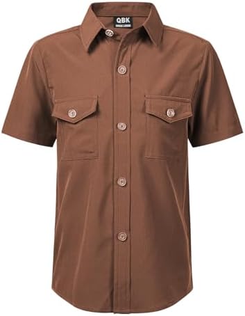 Boys Wrinkle-Resistant Short Sleeve Button Down Shirt with Two Pockets Soft Solid Outdoors Top Coffee 10Y