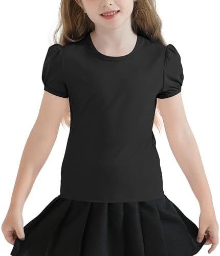 Girls Black Shirt, Soft Cotton Round Neck Short Sleeve Tops with Curved Back Hem for Toddlers & Kids