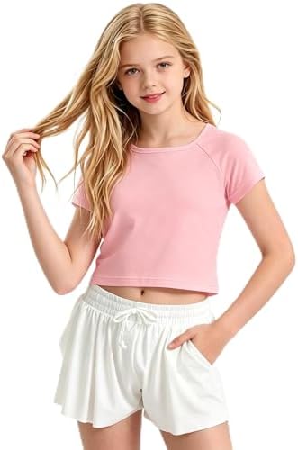 Girls Crop Top T Shirts Short Tee Sleeve Square Neck Cotton Basic Top