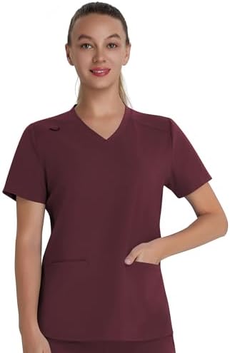 Scrub Top for Women – Soft Stretch V-Neck Scrubs with 2 Inset Slip Pockets and a Curved Hemline, Easy Care