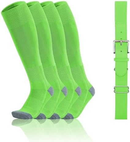 Toddler Baseball Socks And Belt Youth Softball Tee Ball Combo Set for Boy Girl (2 Pairs of Socks & 1 Belt) Neon Green 2-4T