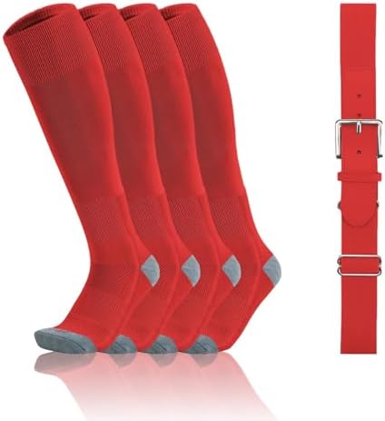 Toddler Baseball Socks And Belt Youth Softball Tee Ball Combo Set for Boy Girl (2 Pairs of Socks & 1 Belt) Red 2-4T