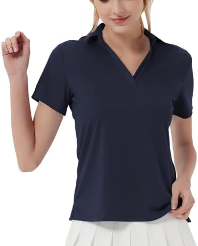 Women's Golf Polo Shirt UPF 50+ Dry Fit Collared V-Neck - Navy Blue